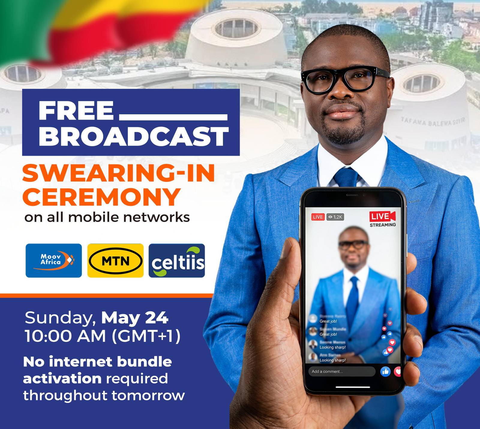 Presidential inauguration in Benin: free live stream on mobile networks