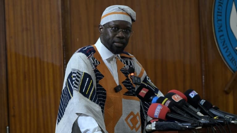 Senegalese Prime Minister Ousmane Sonko addressing a conference at Cheikh Anta Diop University in Dakar on May 16, 2024