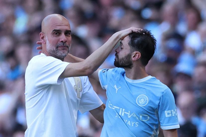 Pep Guardiola showing visible emotion as Bernardo Silva is substituted, the player he coached most frequently.
