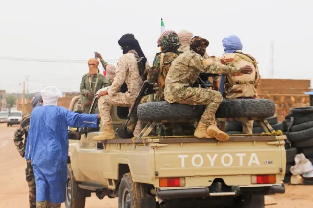 Fighters from the Coordination of Azawad Movements (CMA) patrolling in the city during the Congress for the merger of movements in Kidal.
