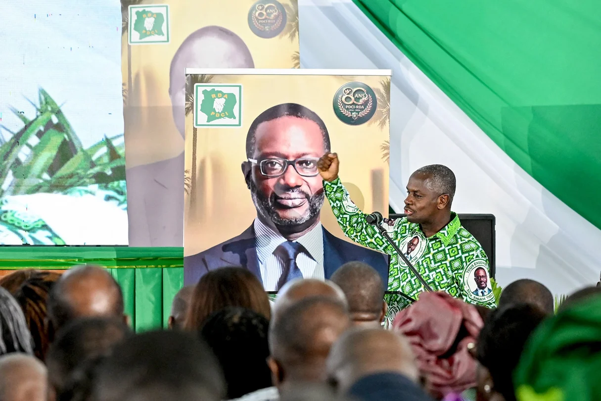 Calice Yapo Yapo, PDCI's executive secretary, during the party's 80th anniversary celebration on April 9, 2026 in Abidjan. © Issouf SANOGO/AFP