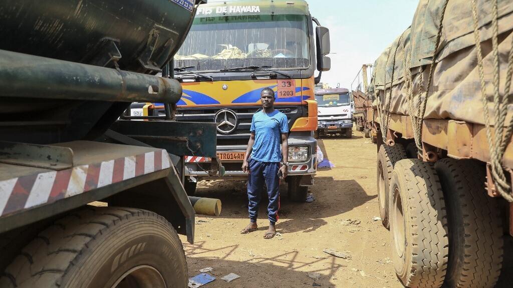 Trucks queued on the main road connecting Bangui in the Central African Republic to Douala in Cameroun