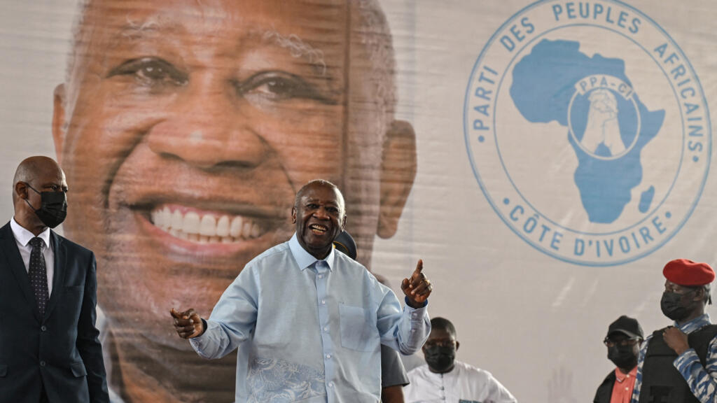 Former Ivorian president Laurent Gbagbo, center, speaking at the closing ceremony of his party's first congress in Abidjan on May 15, 2026.