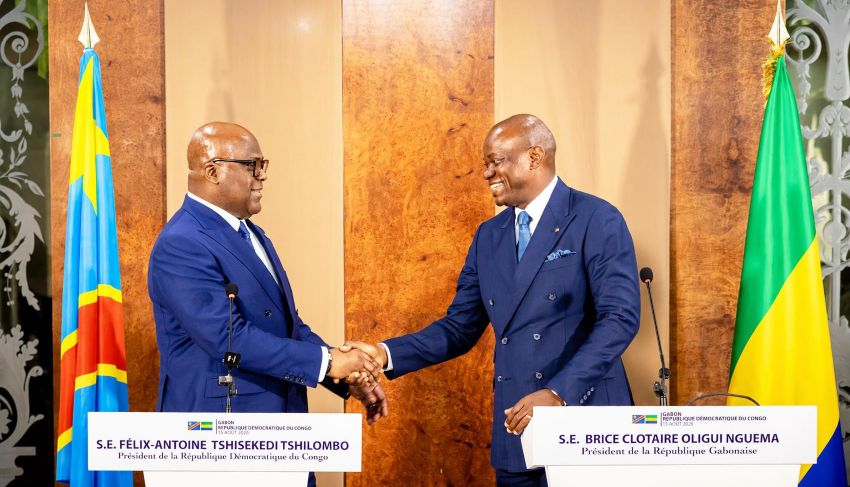 Presidents Brice Clotaire Oligui Nguema of Gabon and Félix-Antoine Tshisekedi of the Democratic Republic of Congo in Libreville